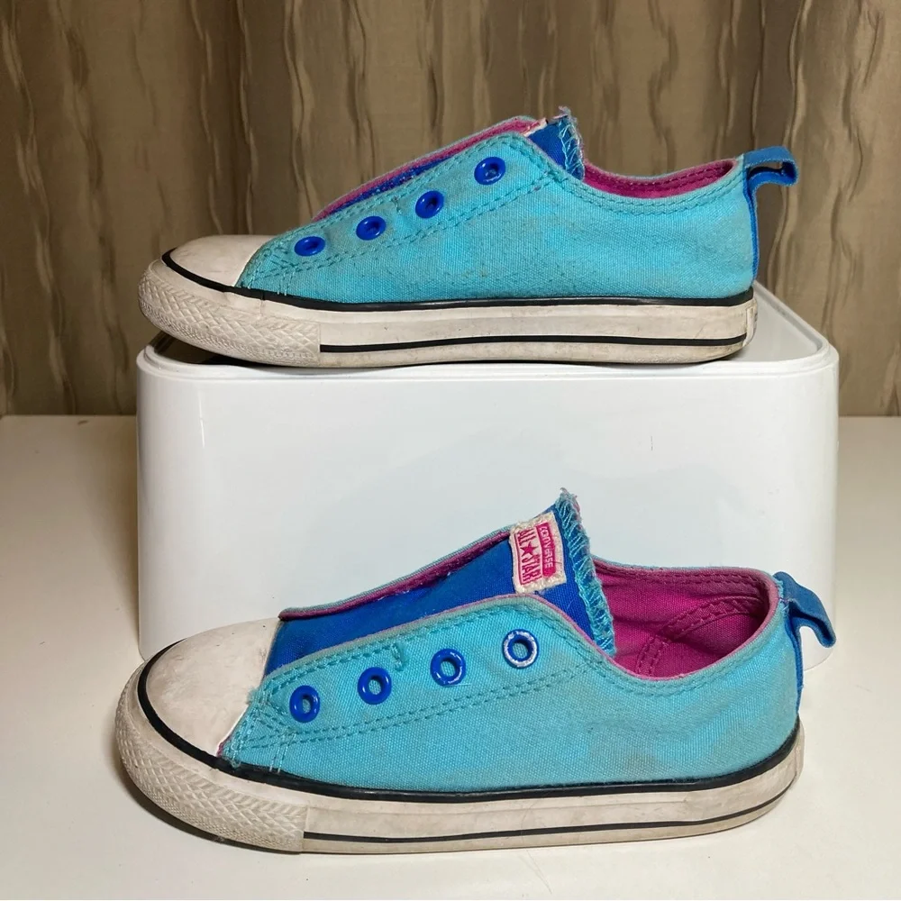 Converse All Star Toddler Kid's 10 No Tie Velcro Blue Teal Pink Slip On Sneakers